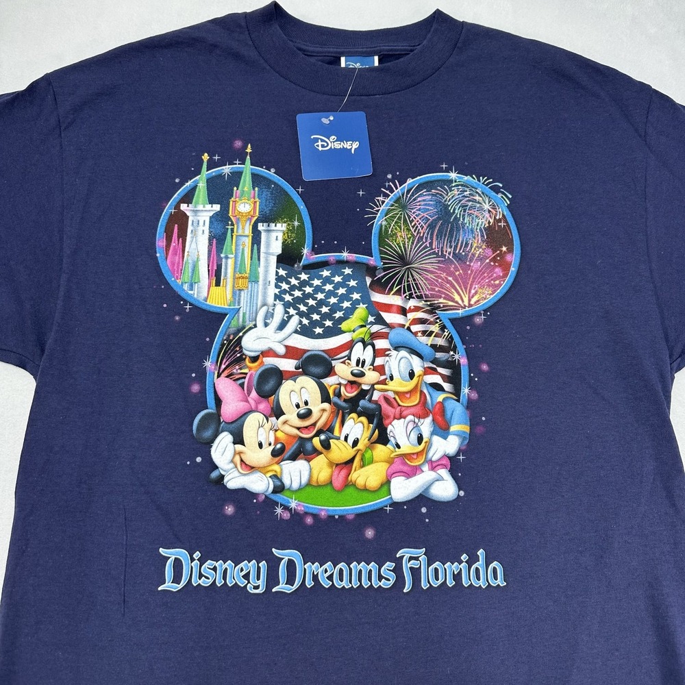 Disney Dreams Florida Shirt Men's Large Navy Firework Castle Mickey Goofy Donald